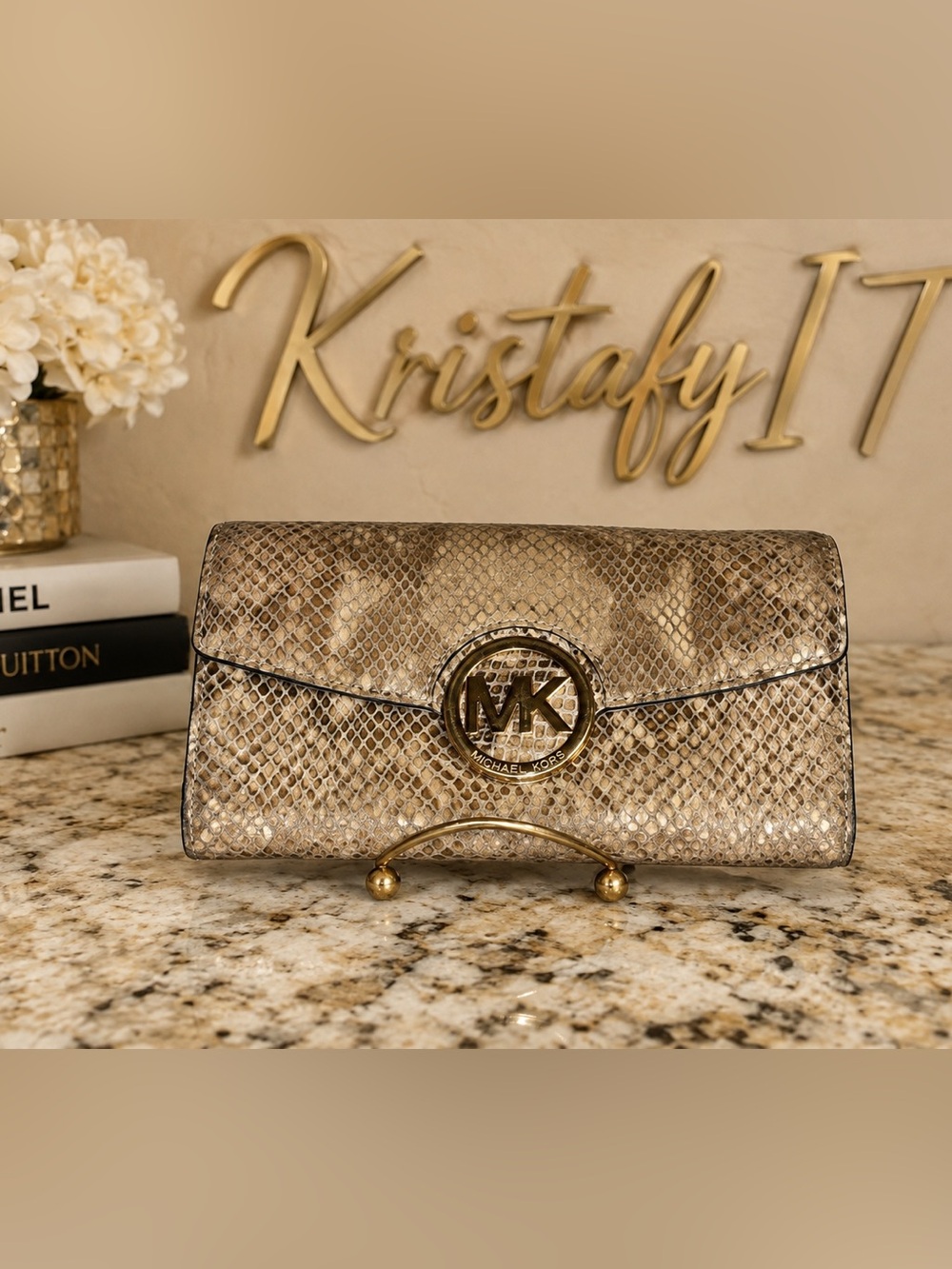 Michael Kors Python Embossed Leather Continental Wallet Gold MK